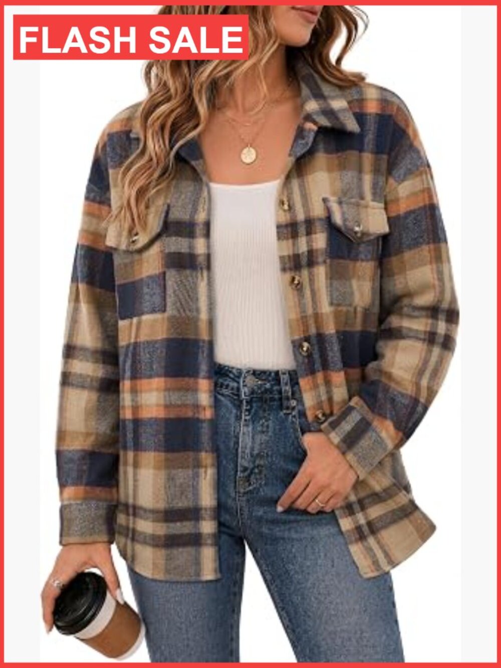 Womens Plaid Shacket Long Sleeve Button Down Flannel Jacket Coat Size XL